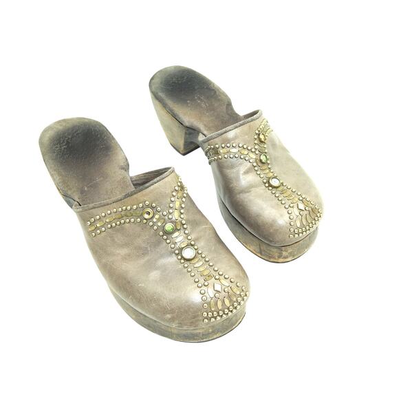 CALLEEN CORDERO Swarovski Cystal Metal Studded Gray Leather Wood Clog Size 7 - Picture 1 of 9